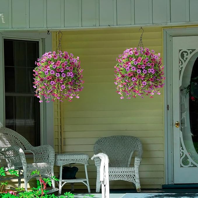 ZFProcess Artificial Hanging Flowers for Outdoors Spring Decoration, 2PCS Silk Fake Daisy Realistic Outdoor Flowers UV Resistant Porch Patio Window Yard Decor(Light Purple Red)