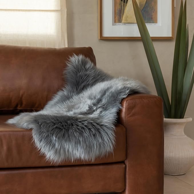 Premium Genuine Sheepskin Rug – Soft & Fluffy Single Pelt (2’ x 3’) Grey Lambskin Area Rug for Bedroom, Living Room Or Chair Cover Sheepskin Throw – Made in Argentina