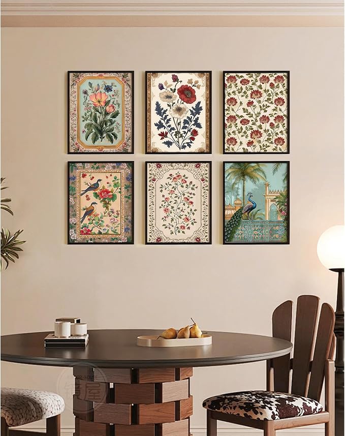 Indian Wall Art Vintage Floral Canvas Poster India Wall Decor Folk Flower Prints Scandinavian Pictures Antique Botanical Painting Gallery Artwork for Bedroom Living Room 12x16 Inch Unframed Set of 6
