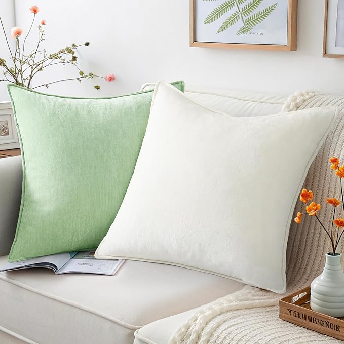 decorUhome Summer Couch Euro Sham Throw Pillow Covers 26x26 Set of 2, Decorative Soft Velvet Modern Cozy Chenille Pillow Cases with Elegant Design for Sofa Bed Living Room Home Decor, Cream White