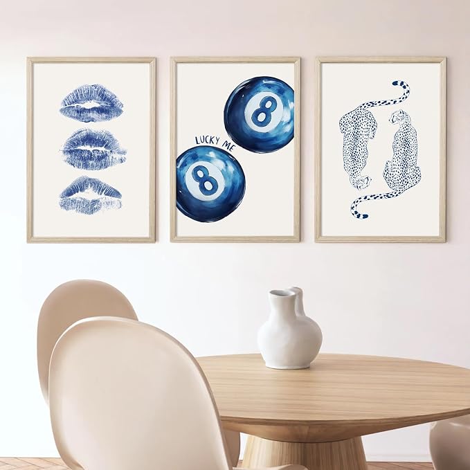 Leopard Wall Art Cheetah Canvas Prints Trendy 8 Ball Wall Decor Preppy Aesthetic Poster Lucky Leopard Pictures Funky Painting Navy Kiss Artwork for Bedroom Living Room 12x16 Inch Wood Framed Set of 3