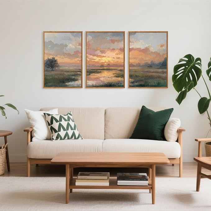 TOARTi Large Framed Abstract Sunset Landscape Canvas Wall Art,Nature Sunset Scenery Painting Wall Decor, Watercolor River Grassland Art Prints for Farmhouse Home Living Room Bedroom Office-24”x35”x3