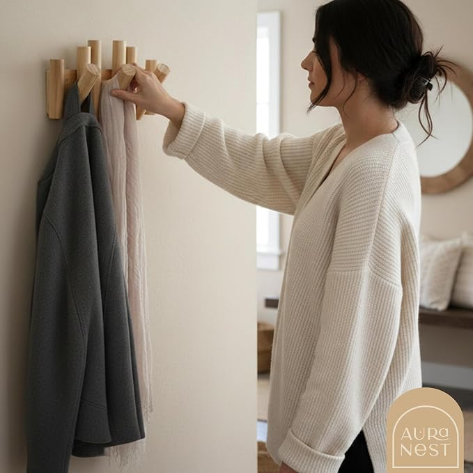 Bamboo Piano Coat Rack Wall Mount Pivoting Retractable Wooden Hooks for Entryway Hallway Mudroom Bedroom | Natural Wood Wall Hanger, 3 Hooks, Space Saving Organizer
