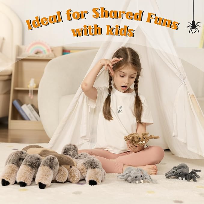 MorisMos 4Pcs Large Spider Plush, 16 Inch Mommy Spider Stuffed Animals with 3 Babies, Soft Cuddly Pillow Plush Gifts for Kids Boys Girls, Brown
