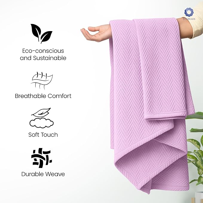 100% Long Staple Cotton Herringbone Multipurpose Blanket | Soft & Breathable, Lightweight All-Season Throw for Sofa/Couch/Bed | Machine Washable | (Herringbone - Lavender, Queen)