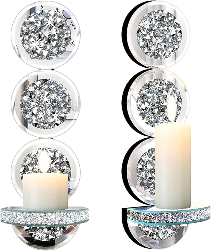 ZOLAPI Set of 2 Crystal Crush Diamond Candle Sconces, Gorgeous Silver Mirrored Wall Sconce, Round Candle Holder Glass Wall Decorations for Home Décor, Living Room, Dining Room.