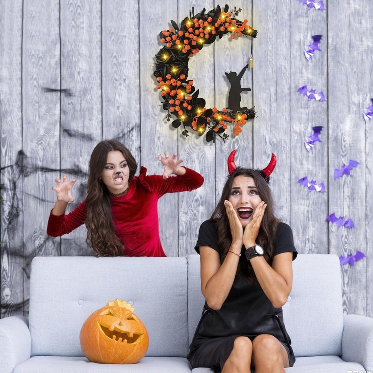 Halloween Wreaths for Front Door with Light, Black Cat Crescent Moon Wreath, Cute Cat Garland Halloween Door Decorations for Outdoor Indoor Decor Wall Window Home Party