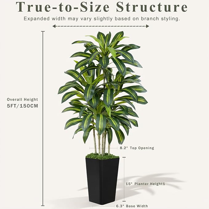 Dracaena Plant Artificial Tree 5Ft Tall Fake Tropical Floor Plants Potted (Real Touch) Artificial Silk Tree Leaf Faux Trees Black Tall Planter for Home Office Living Room Indoor Outdoor Decor