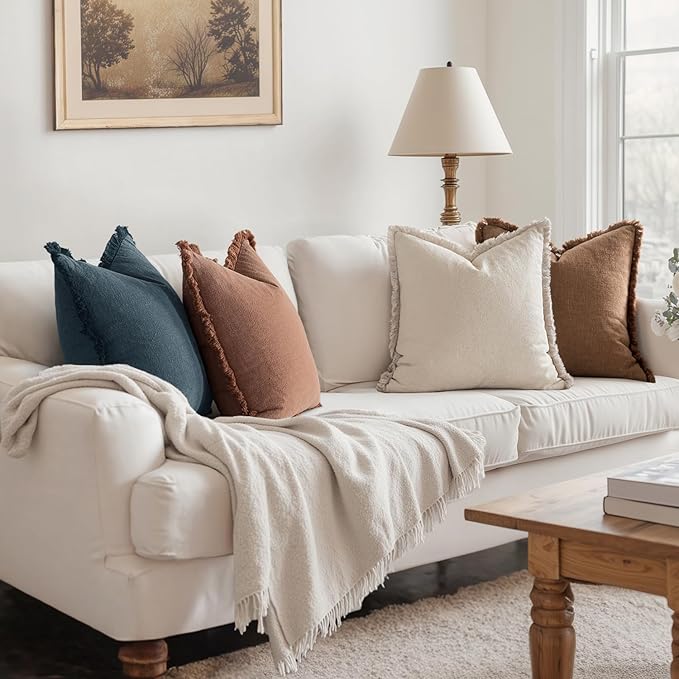 MIULEE Decorative Couch Pillow Covers Neutral Linen Fringe Throw Pillows Set of 4 Modern Rustic Cushions Boho Farmhouse Pillowcases for Bed Sofa Living Room Spring Decor 24x24 Inch Beige/Brown/Blue