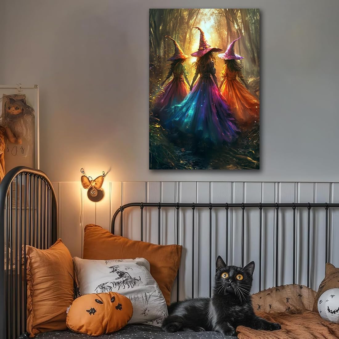 Halloween Room Decor Wall Art Colorful Witch Prints,Vintage Three Colorful Witches in Forest Halloween Posters,Fall Fantasy Aesthetic Pictures Playful Art Wall Decor for Bedroom,8"x12" Framed