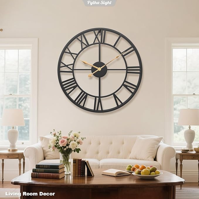 Pytha Sight 30 Inch Extra Large Giant Wall Clock,Oversized Round Silent Vintage Industrial Black Metal Farmhouse Big Roman Numeral Wall Clocks for Living Room,Kitchen,Bedroom Home Decor