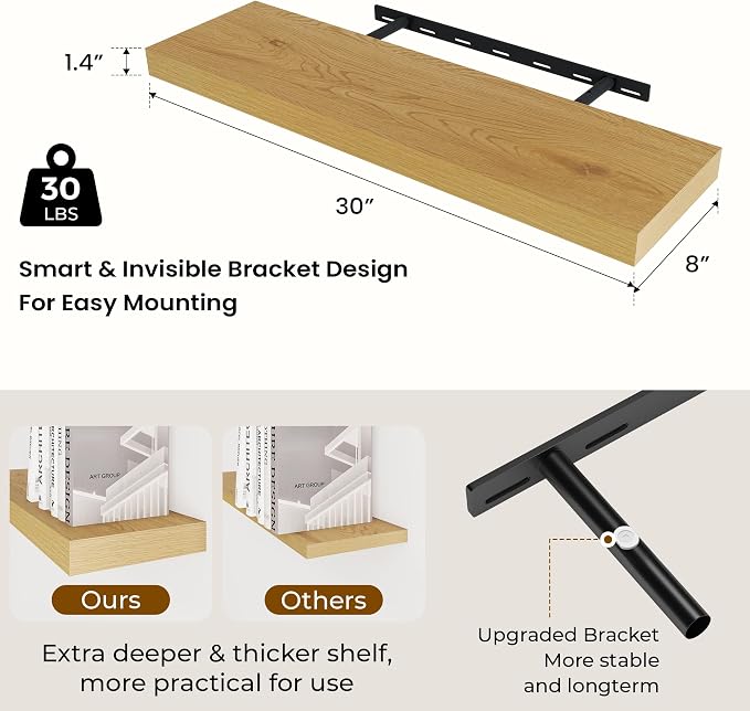 Dreamland 30Inch Floating Shelves 8" Deep Wall Mounted Set of 2 Oak | Wall shelves for bathroom, bedroom, Living Room, kitchen, deep wall mount wood storage display for home decor 30" x 8"