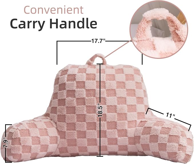 A Nice Night Faux Fur Reading Pillow,Checkered Fluffy Grid Plaid,Bed Wedge Pillow Large Adult Children Backrest with Arms for Bedrest,Pink
