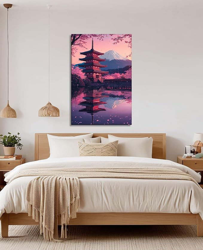 Japanese Wall Art Asian Landscape Canvas Prints Cherry Tree Mount Fuji Picture Nature Painting Pink Prints for Living Room Bedroom Modern Home Office Decor Framed(Art-4,24.00x36.00 inch)