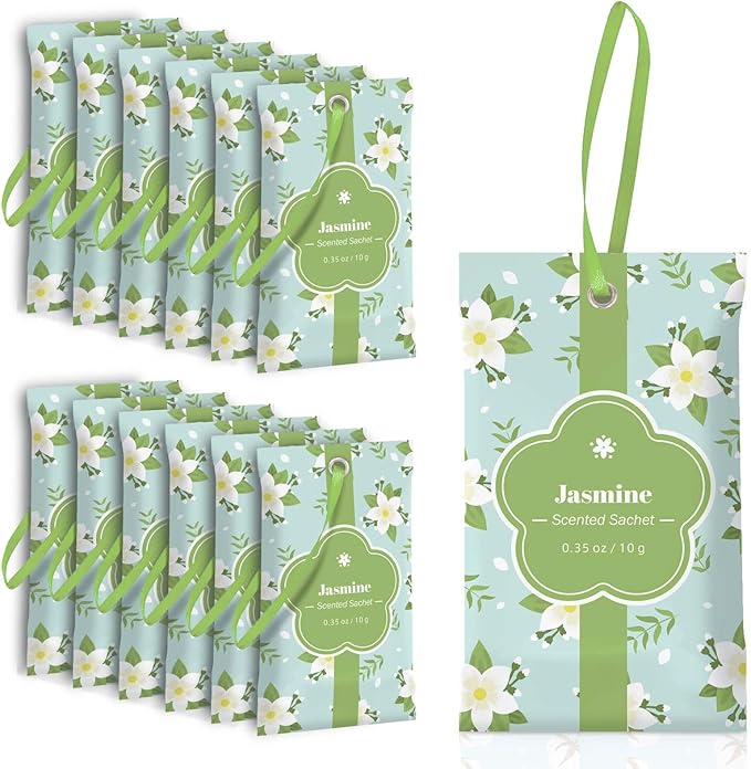 SCENTORINI Scented Sachets for Drawers and Closets, Jasmine Scent 14 Pack, Long-Lasting Sachets Bags Wardrobe Freshener for Cupboard, Shoecase, Gym Bags, Suitcases