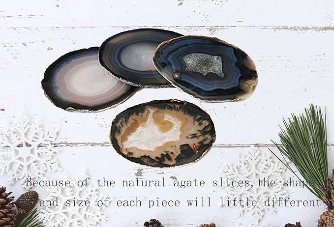 JIC Gem 3.5-4'' Natural Agate Coasters Dyed Black Sliced Geode Polished for Coffee Cup Home Decoration with Rubber Bumpers Home Decoration Set of 4