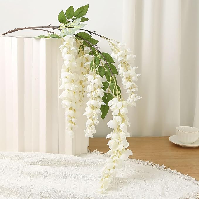 4pcs 47.2-inch Artificial Fake Wisteria Hanging Flower Garland Silk Flower String Home Party Decoration White Blue Pink Purple (White)