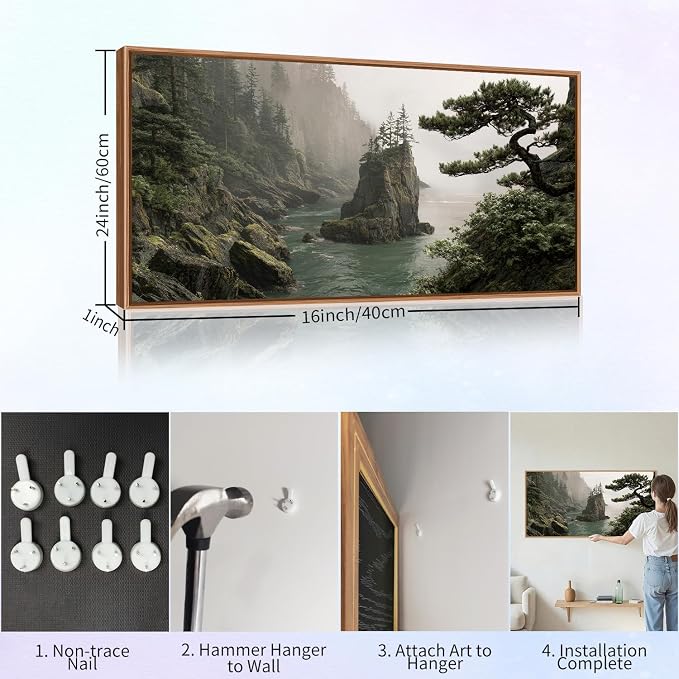 Rantodecor Coastal Forest Framed Canvas Wall Art, Pacific Northwest Coast landscape Wall Decor, Nature PNW Mountain Sea Art Paintings, Sage Green Pine Artwork for Bedroom Living Room Office 40"x20"