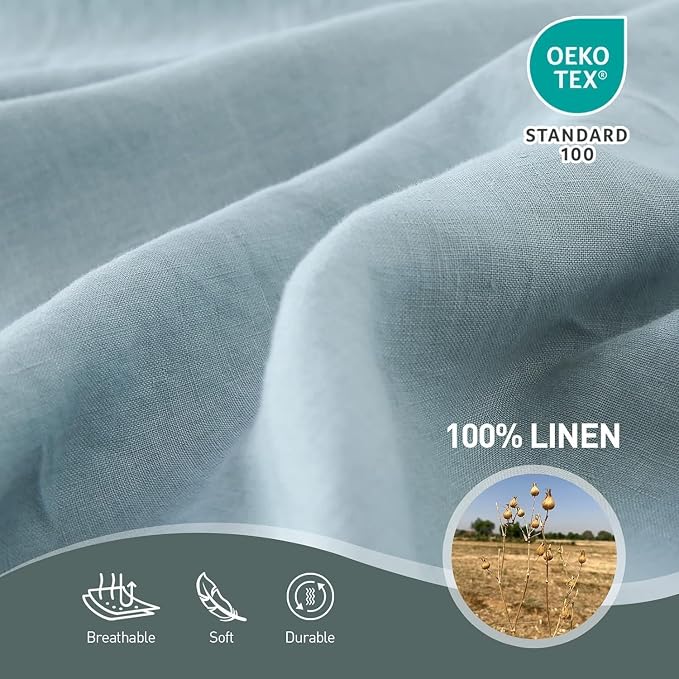 Simple&Opulence 100% Linen Duvet Cover Set, 3 PCS Natural French Flax Dusty Blue Duvet Cover Queen Size, Breathable Soft Comfy Linen Bedding Comforter Cover with 2 Pillowcases(Dusty Blue, 88"x92")