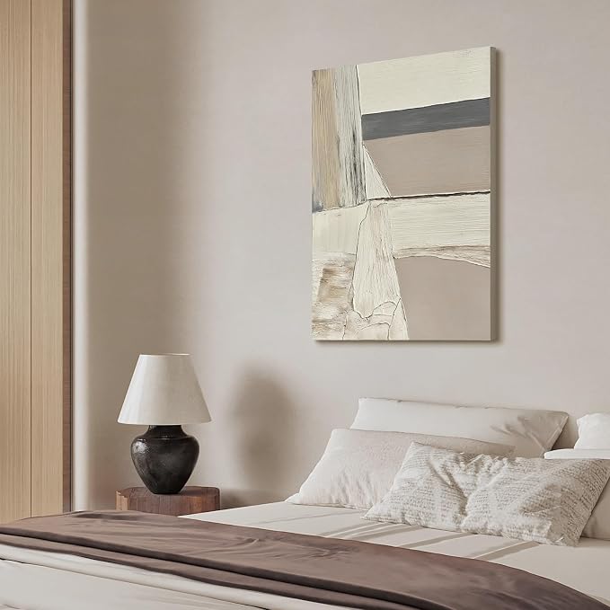 Abstract Canvas Wall Art, 24x36" Hand Painted Original Neutral Oil Painting | Textured White Beige Gray Layered Composition Modern Vertical Wall Decor for Living Room Bedroom Office Framed Ready to Hang