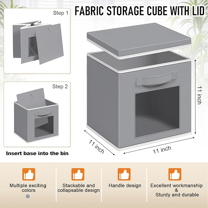 Threehoney 10 Pcs Fabric Storage Cubes with Lids and Clear Windows 11x11 Inch Foldable Closet Organizer Bins Aesthetic Light Gray Storage Bins for Shelves Dorm Essentials Craft & Office Organization