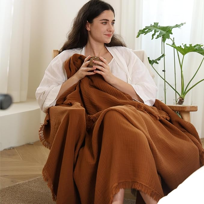 MooMee Muslin Blanket - 100% Cotton 4-Layer Gauze Throw Blanket with All-Around Fringe, Soft Breathable Lightweight Cooling Summer Blankets for Bed Couch (Drak Orange,Throw 60" x 50")