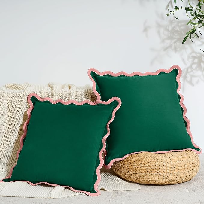 MONDAY MOOSE Decorative Throw Pillow Covers Cushion Cases, Set of 2 Soft Velvet Scalloped Wavy Edge Designs, Mix and Match for Home Decor, Pillow Inserts Not Included (18x18 inch, Pink/Green)