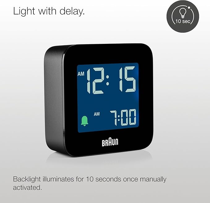 Braun Digital Travel Alarm Clock with Snooze, Compact Size, Negative LCD Display, Quick Set, Crescendo Beep Alarm in Black, Model BC08B (1-Pack)
