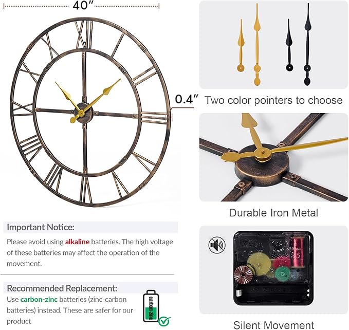 Large Wall Clock for Living Room Decor – 40 Inch Knocked-Down (KD) Silent Non-Ticking Modern Farmhouse Wall Clock, Oversized Decorative Metal Roman Numeral Clock, Bronze