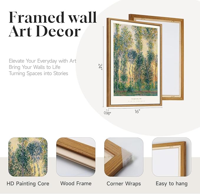 Large Framed Claude Monet Landscape Wall Art for Living Room, 3 Piece Impressionist Vintage Nature Prints Paintings, Green Tree Canvas Pictures Artwork Decor for Bedroom Entryway 16x24 Inch