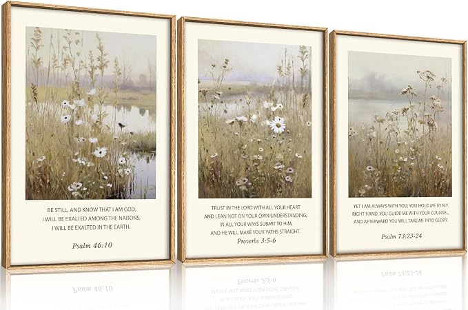 Large Christian Bible Verses Framed Canvas Wall Art,Vintage Scripture Wildflower Wall Decor,Modern Jesus Religious Nature Landscape Artwork for Living Room,Bedroom,Dining Room-24"x36"x3