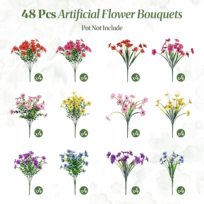 Alupssuc 48 Bundles Artificial Flowers for Outdoors Decoration, UV Resistant Silk Faux Floral Spring Fake Plastic Plants Greenery for Outside Indoor Home Yard Porch Window Box Decor(Upgrade 6 Colors)