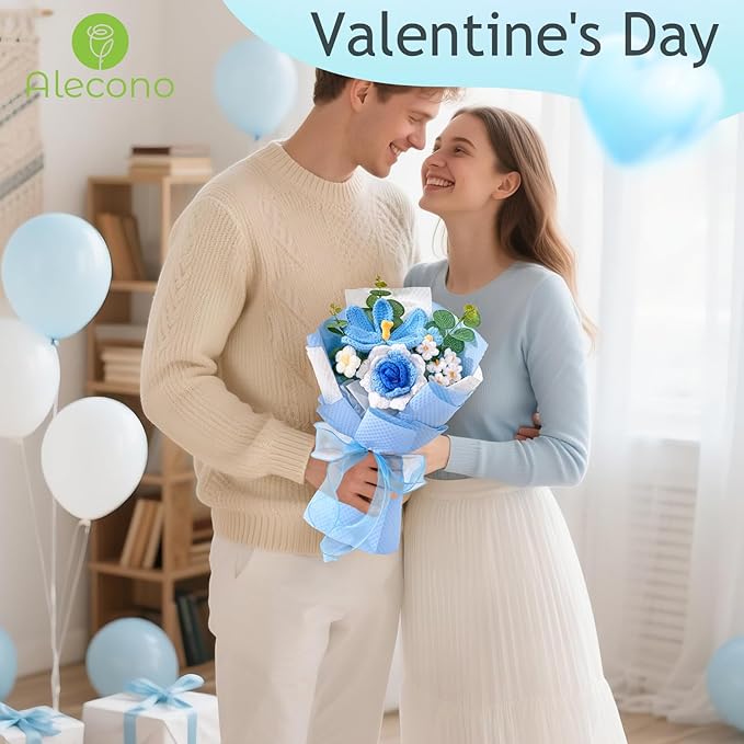 Alecono Crochet Flower Bouquet, Knitted Flowers, Blue Handmade Bouquet of Flowers for Lover Anniversary Birthday Party Mother's Day Graduation Gifts (Include Card)