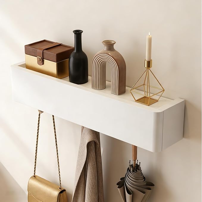 CycleCrew Solid Wood Wall Mounted Coat Rack with Shelf Hooks - Modern Floating Shelves with 5 Hidden Hooks, Heavy Duty Entryway Coat Key Holder Hanger for Hallway Bathroom Bedroom Home Decor
