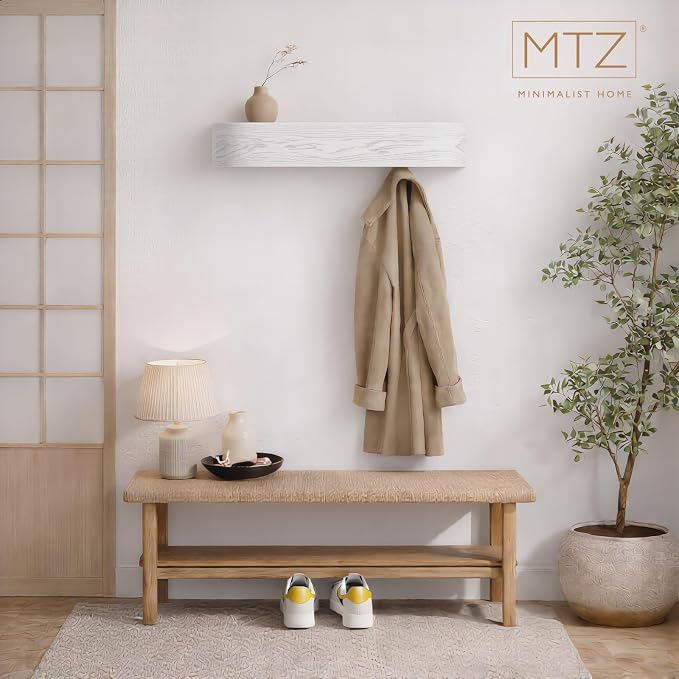 MTZ Solid Wooden Wall Mounted Coat Rack with Shelf & 5 Hidden Hooks – Modern Entryway Coat Hanger, Wood Coat Rack for Jackets, Bags & Keys, Minimalist Wall Hook Rack (White)