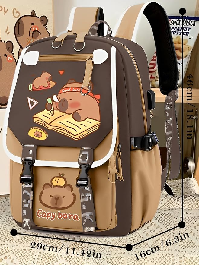 Waterproof Capybara Backpack，Large-capacity Kawaii capybara bag with 11-Piece Accessories (Badges, Pendants, Plush capybara, Stickers and others)