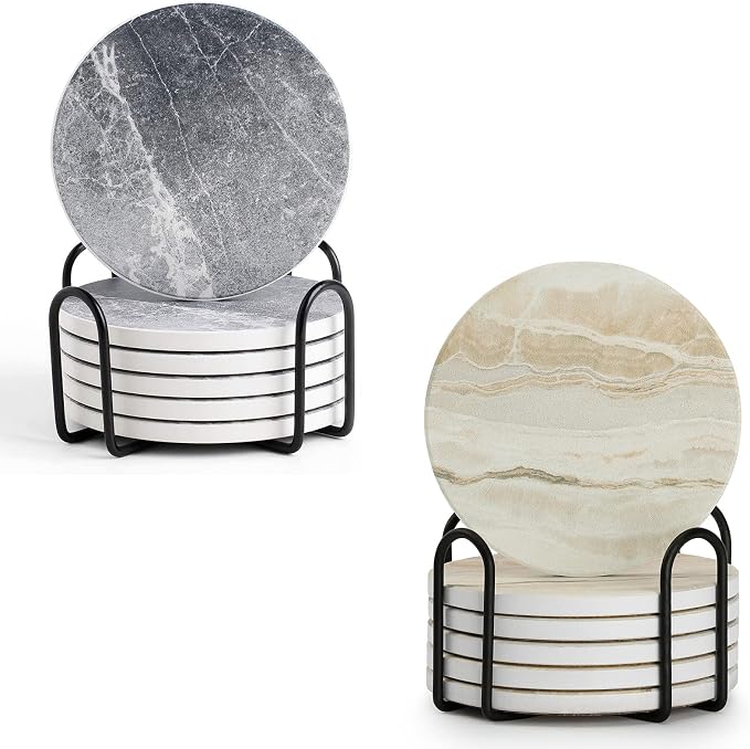 LIFVER Drink Coasters with Holder, Absorbent Coaster Sets of 6, Marble Style Ceramic Drink Coaster for Tabletop Protection,Suitable for Kinds of Cups, Wooden Table, Cool Home Decor, 4 Inches