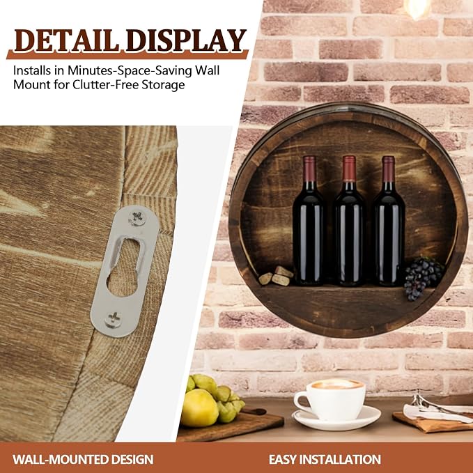 Colingmill 19.7 x 5.9 in Whiskey Barrel Decor Shelf Rustic Wall Mounted Bourbon Wooden Floating Hand Wine Rack Oak Barrel Wine Bottle Holder Display Stand Vintage Bar (Black Poplar)