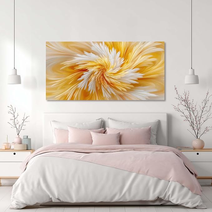 Ggaafet Yellow Abstract Wall Art for Living Room Canvas Painting Prints Warm Soft Radial Feather Art Deco Modern Artwork Office Bedroom Family Room Decor Extra Large