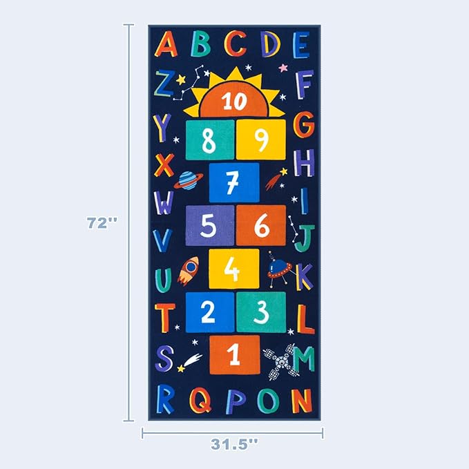 STARUIA Washable Hopscotch Kids Rugs for Playroom, Colorful Educational Classroom Rug with ABC Number, Non Slip Boy Kids Play Mat Rug Space Game Carpet for Bedroom Daycare（Dark Blue, 31.5''x72''）