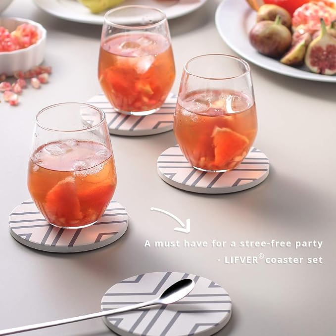 LIFVER 6 Piece Absorbent Coaster Set with Holder + LIFVER Coasters for Drinks, White Marble-Style Absorbent Coasters with Holder