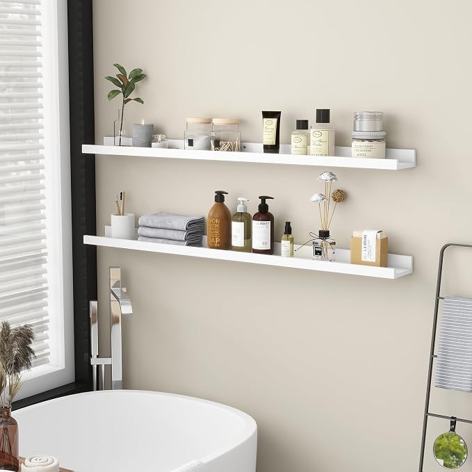 FLYJOE Picture Ledge Shelf, Floating Shelves Set of 2, Solid Ash Wood 48'' Long Large Nursery Book Shelves for Toys Storage, Kids Bookshelf for Living Room Bedroom Decor Books Photo Frames, White