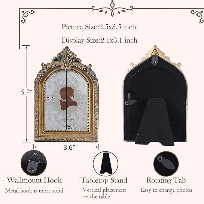 SIKOO Vintage Mini 2.5 × 3.5 Picture Frame Antique Small Ornate Table Top Wall Mounting Photo Frame with High Definition Glass Front for Home Decor, Photo Gallery, Art,Bronze Gold (2.5x3.5)