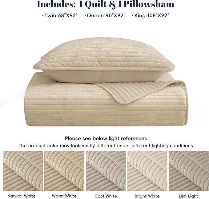 PHF Luxury Velvet Quilt Set Twin Size – 2PCS Ultra Soft Quilted Comforter Alternative with Striped Channel, Cozy Quilted Bedspread, 1 Coverlet with 1 Matching Sham, 68" x 92", Oxford Tan
