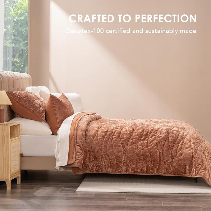 EverGrace Luxury Velvet Quilt King Size, Ultra Soft Wave Crushed Velvet Bedding Set, Lightweight Quilted Comforter Set for All Season, Oversized Bedspread Coverlet with 2 Shams, Burnt Orange