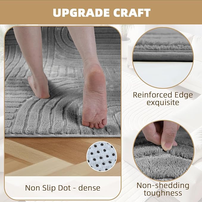 Grey 5x7 Solid Color Area Rugs – Washable Living Room Rug, Modern Geometric Non-Slip Indoor Carpet with Soft High-Low Pile, Fluffy Floor Rugs for Bedroom, Kids Room, Nursery, Home Décor