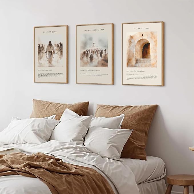 SIKERIC Christian Bible Verse Framed Canvas Wall Art Set, The Arrest of Jesus, The Crucifixion, Empty Tomb Wall Decor, Vintage Jesus Religious Art Print for Living Room, Church, Prayer Room-16"x24"x3