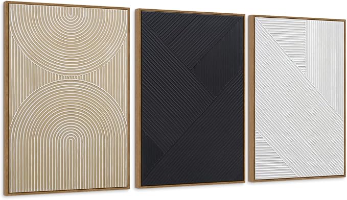 Neutral Textured 3D Wall Art Boho Abstract Hand-Painted Framed Wall Decor Minimalist Geometric Artwork Paintings- Living Room Bedroom Office - Modern Boho Black White Neutral Line 16"x24" 3 piece