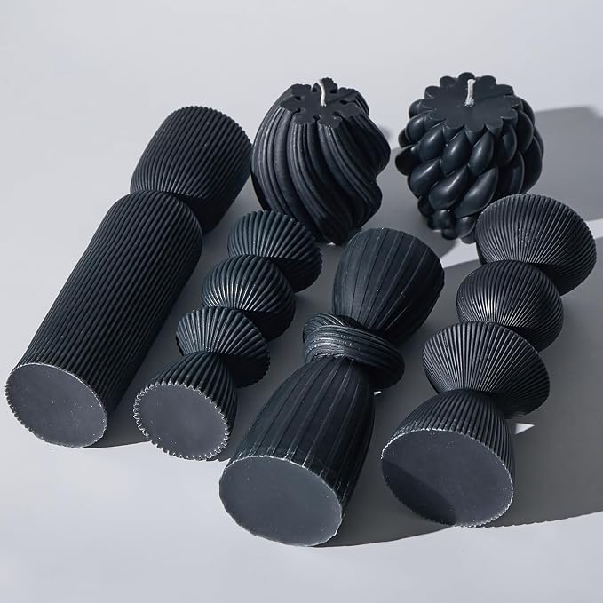 7 Pcs Large Ribbed Pillar Candles - Handmade Soy Wax Candles for Home Decor, Modern Shelf Decor, Housewarming Gift, Aesthetic Room Decor (Black)