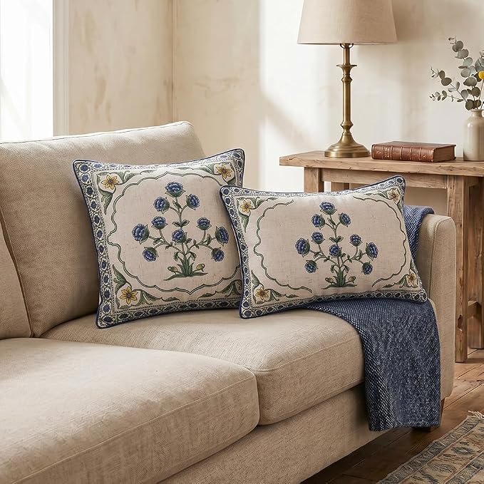patdrea Designer Vintage Linen Throw Pillow Cover,12"x20",Set of 2-Ivar B | Decorative Pillow Case,Floral Pattern,White Pillow Cover for Couch Living Room Bedroom Sofa Outdoor